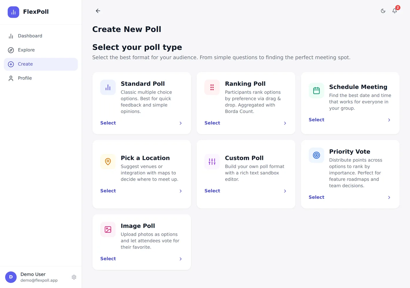 Poll type picker showing standard, ranking, schedule, location, custom, priority and image polls