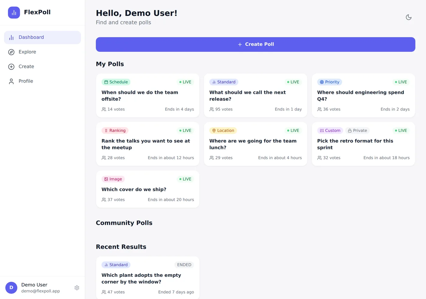 FlexPoll dashboard listing polls of several types with live vote counts