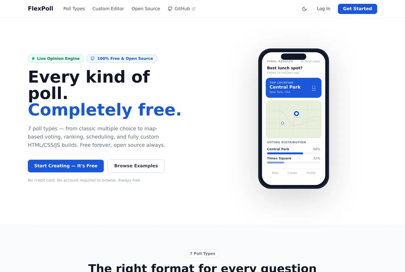 FlexPoll landing page with the headline "Every kind of poll. Completely free."