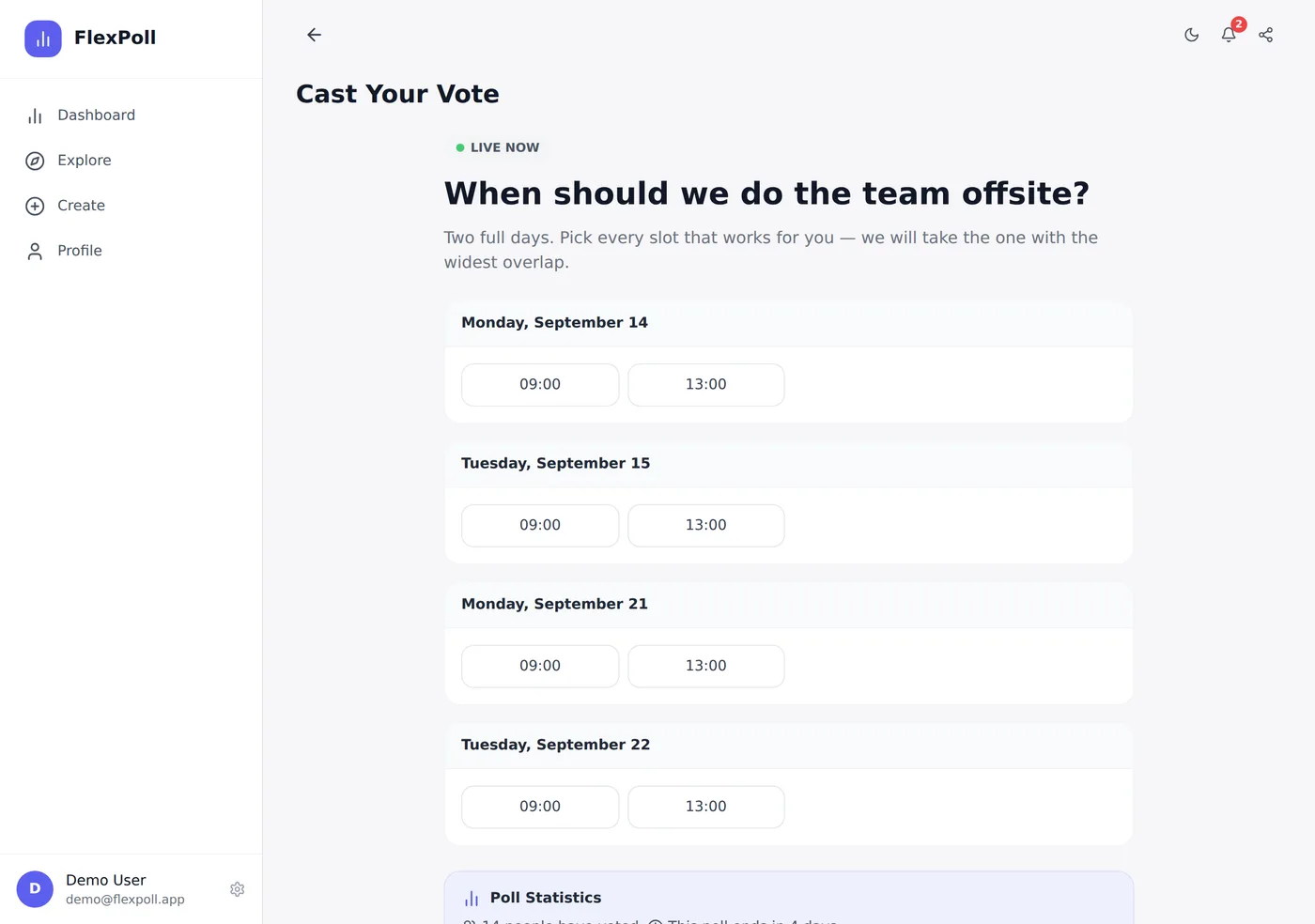Schedule poll showing candidate dates with morning and afternoon slots