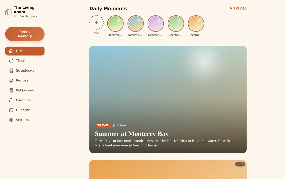 Kaydo home feed with daily moment circles and rich memory cards