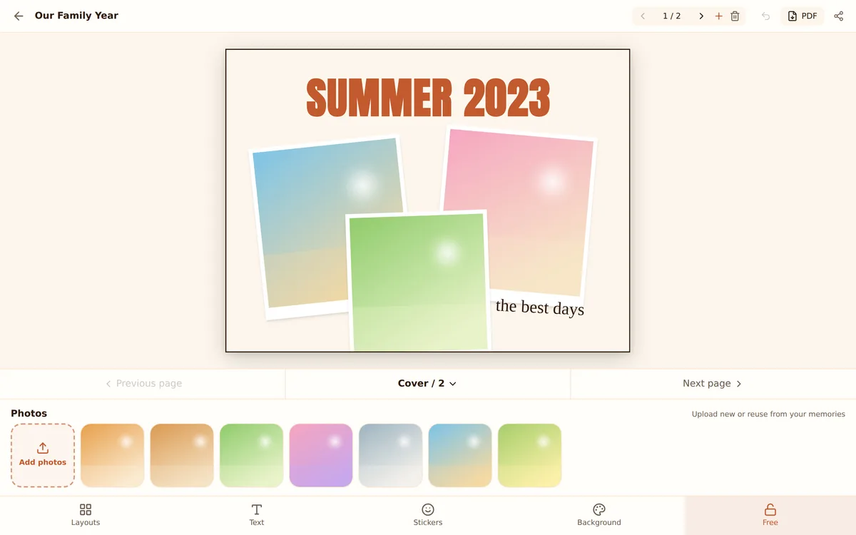 Freeform scrapbook canvas with polaroid frames, stickers and text