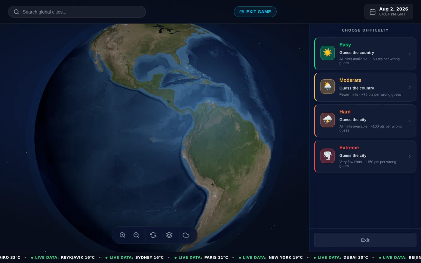 Weather IQ difficulty selection with easy, moderate, hard and extreme cards