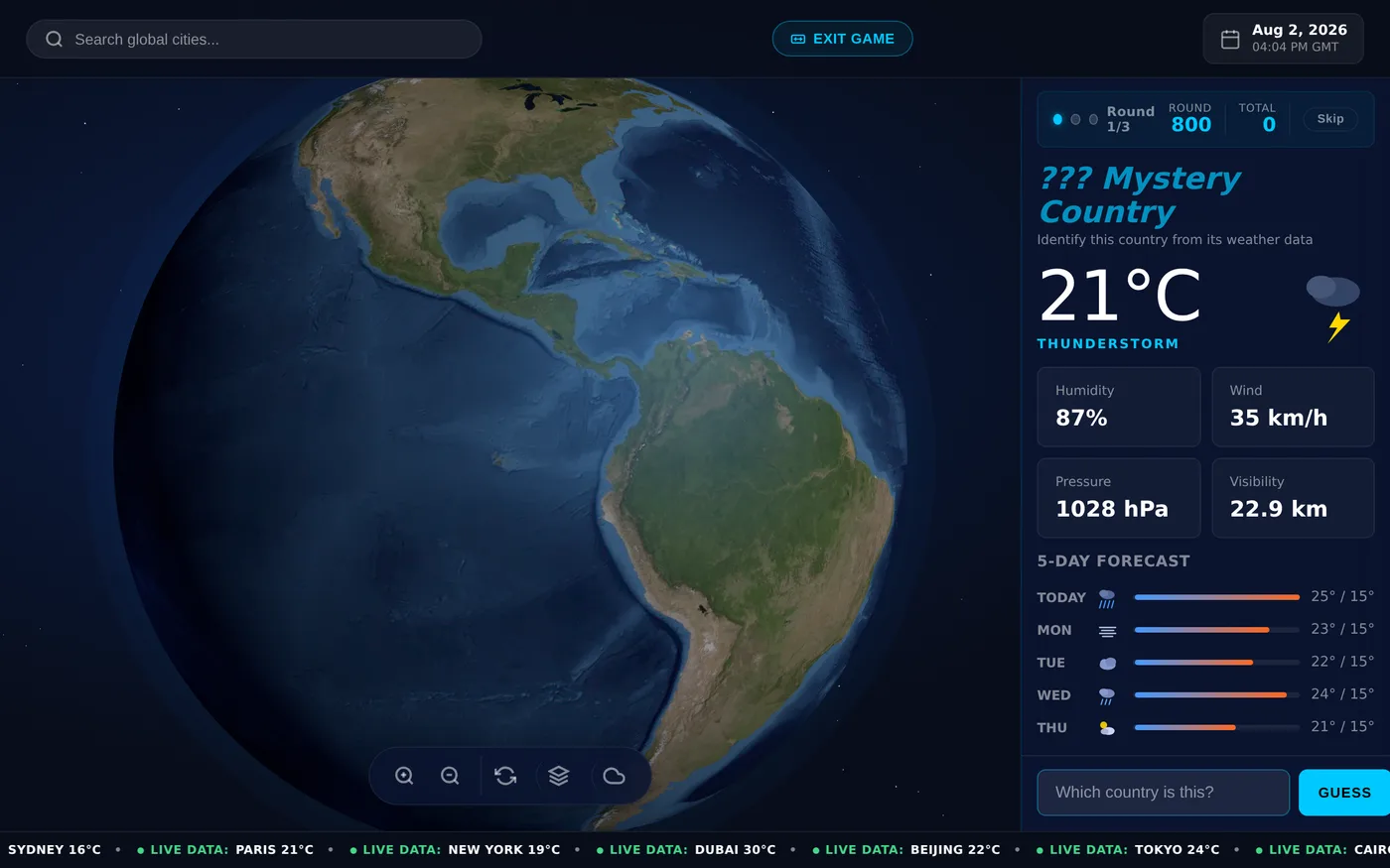 A guessing round showing mystery weather data and an input asking which country it is