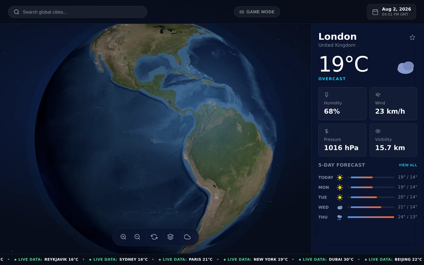 Interactive 3D globe next to a weather panel showing London's conditions and 5-day forecast