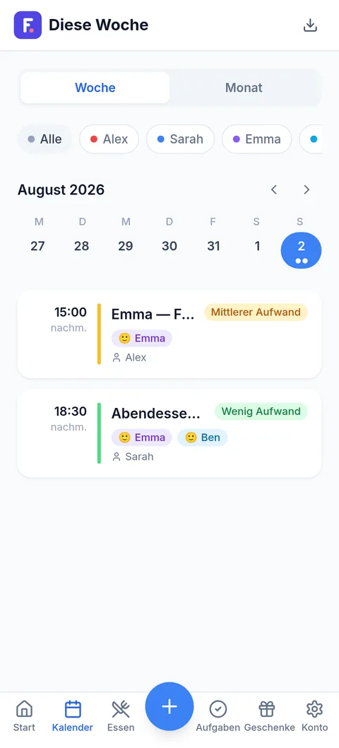 Gemeinsame Wochenansicht mit Filtern pro Familienmitglied und zwei Terminen