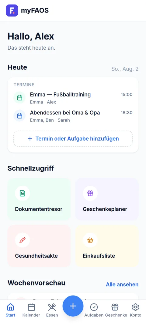 myFAOS-Dashboard mit den heutigen Terminen und Schnellzugriff-Kacheln