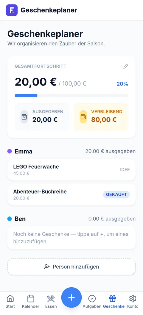 Geschenkeplaner mit Budget-Fortschritt und Geschenkideen pro Kind