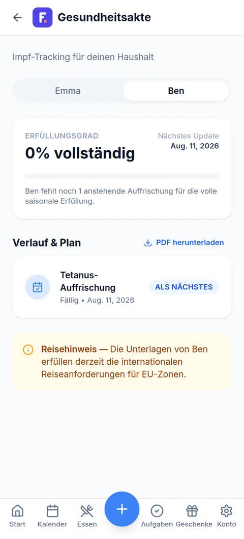 Impfpass eines Kindes mit anstehender Tetanus-Auffrischung