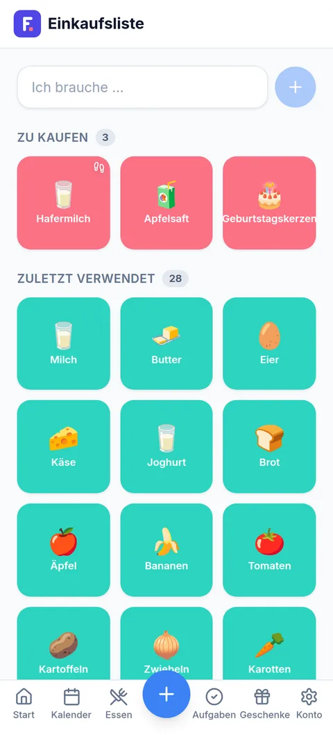 Gemeinsame Einkaufsliste mit offenen Posten und zuletzt verwendeten Artikeln