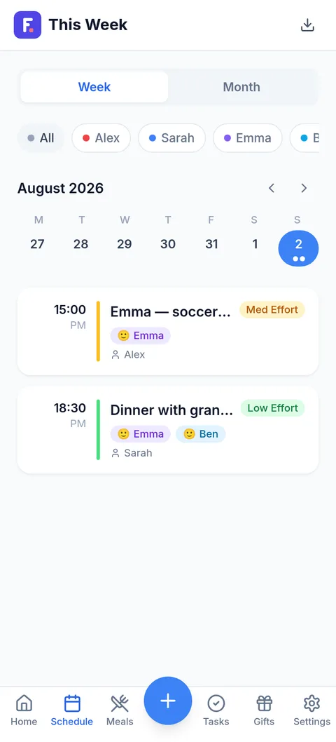 Shared week calendar with per-member filters and two events