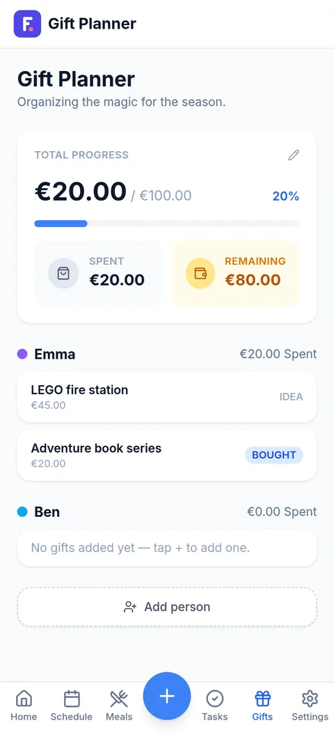 Gift planner showing budget progress and gift ideas per child