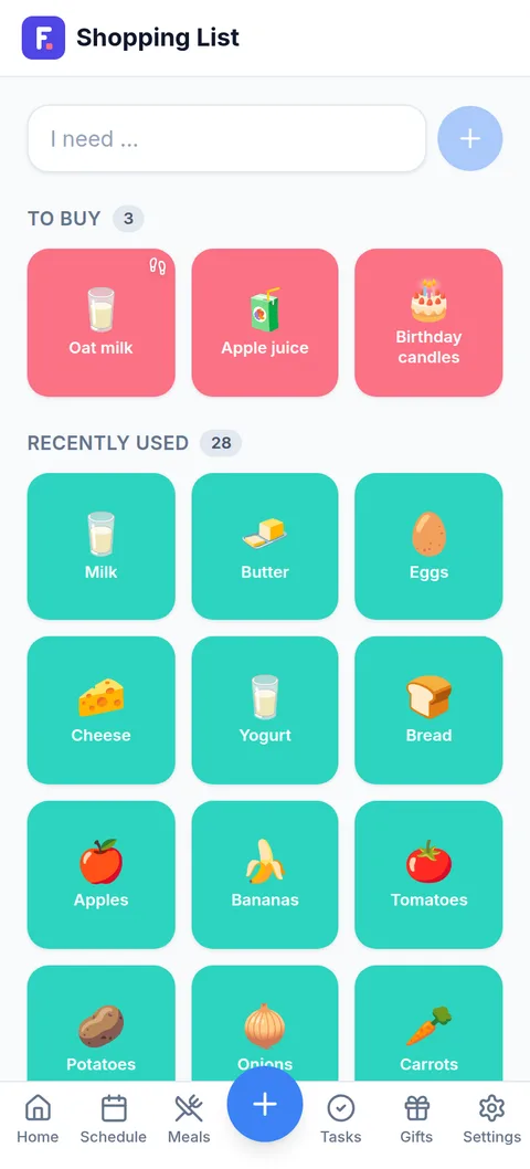 Shared shopping list with items to buy and a recently used grid